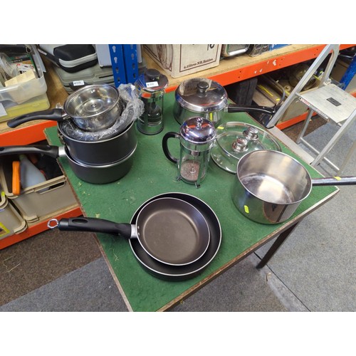 66 - Selection of pots, pans and two cafetieres