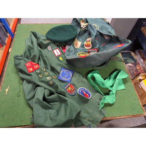 77 - Vintage scout uniform inc. shirt, beret and rucksack from 4th Plymouth St.Gabriel's