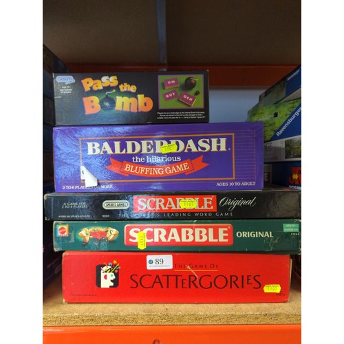 89 - Five assorted board games inc. Balderdash, Scrabble and Pass the Bomb