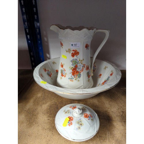 97 - Burleigh Ware wash jug, bowl and soap dish with floral decoration