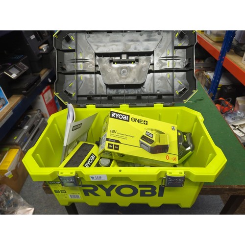 119 - Ryobi one+ 19 inch toolbox containing 18 volt charger, cordless rotary tool (unused)