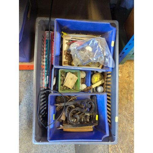 120 - crate of fixings inc screws, tacks, brushes window latches and two socket sets.