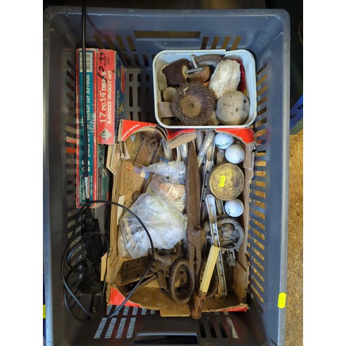 120 - crate of fixings inc screws, tacks, brushes window latches and two socket sets.