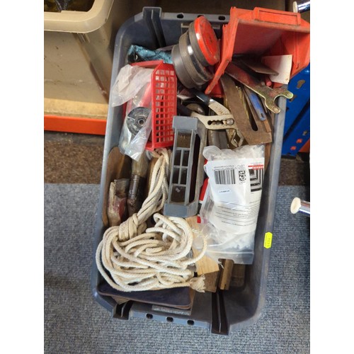 122 - two tubs of various metalware, fixings, rope, doorknobs etc..