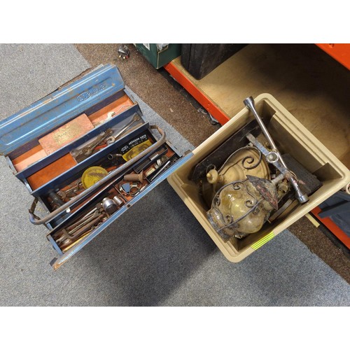 123 - Two tubs of assorted tools and brass fittings + metal tool box with some tools contents.. 