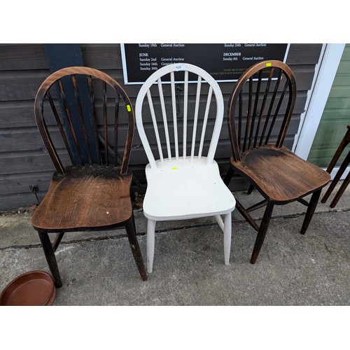 906 - Three elm seated stick back chairs, one painted white