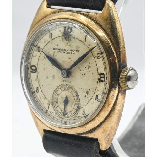 10 - 9ct gold cased Zenith watch, the signed dial with Arabic numerals and subsidiary seconds at 6 o'cloc... 