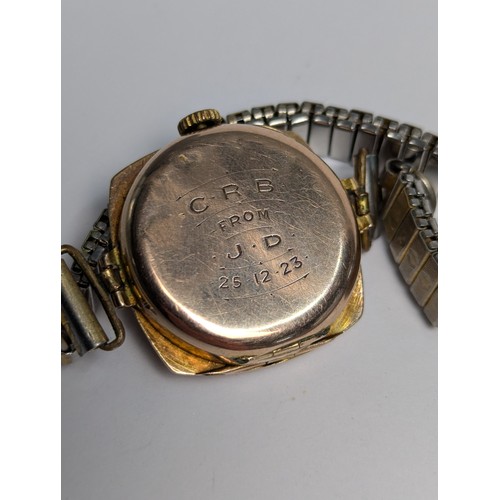 15 - 9ct gold cased watch, the silvered dial with Arabic numerals, 15 jewels, case with (rubbed) sponsor'... 