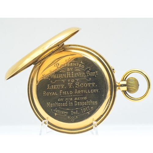 29 - WWI Interest - 18ct gold cased Rotherhams keyless wind half hunter pocket watch, the white enamel di... 