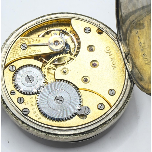 30 - Omega nickel cased keyless wind open faced pocket watch, circa 1915, the signed white dial with blac... 