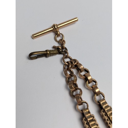 41 - Yellow metal bar and link Albert chain with T-bar marked 9c (chain end clasp missing) with a central... 