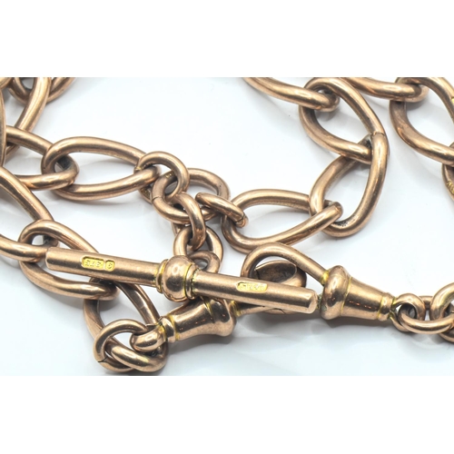 43 - 9ct rose gold double Albert chain, with T-bar and two parrot clasps, each link, clasps and T-ba... 