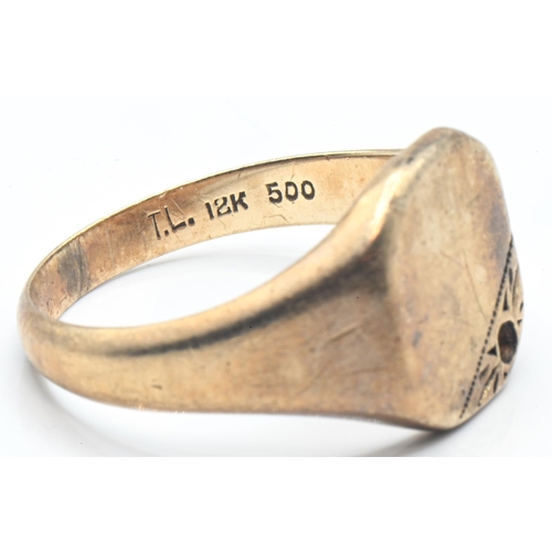 52 - 12ct gold signet ring, stamped 12K 500, size R, 6.4 grams, accent stone deficient