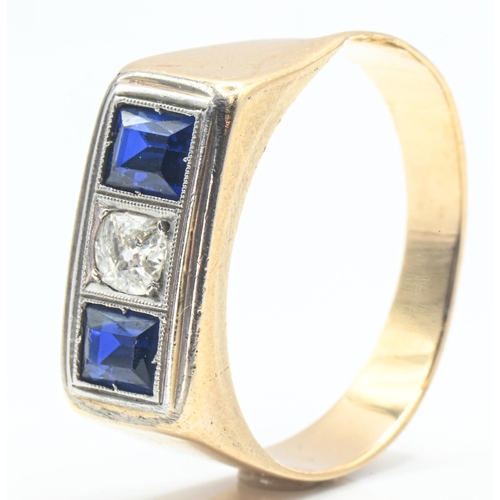 61 - Yellow metal, diamond and sapphire ring, yellow metal testing positive for 18ct gold, with indistinc... 