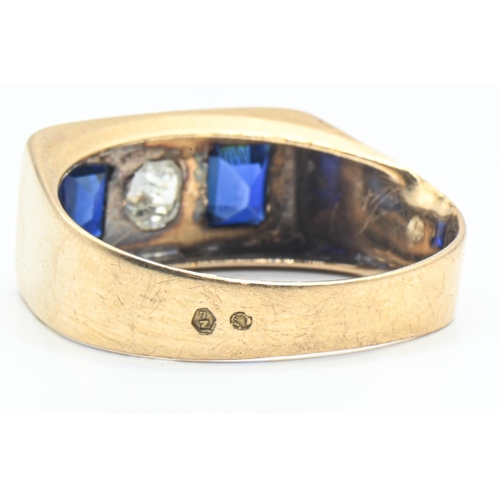 61 - Yellow metal, diamond and sapphire ring, yellow metal testing positive for 18ct gold, with indistinc... 