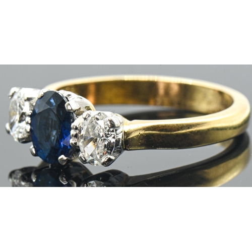 68 - 18ct gold, sapphire and diamond three stone ring, London hallmark, size N, gross weight 4.92 grams... 