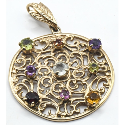 88 - 9ct gold and multi-gem open work pendant, hallmarked Birmingham 1977, length including bale 42mm, gr... 