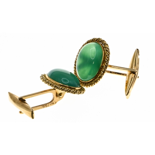 90 - Pair of 18ct gold and green stone cufflinks, each centring a collet-set cabochon green stone framed ... 