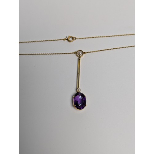 92 - 15ct gold, amethyst and pearl pendant necklace, pendant and clasp stamped 15CT,  pendant drop 4... 