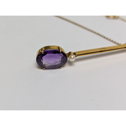 92 - 15ct gold, amethyst and pearl pendant necklace, pendant and clasp stamped 15CT,  pendant drop 4... 