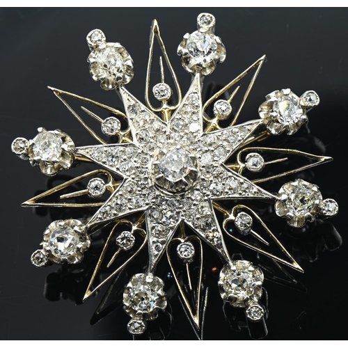 Antique yellow metal diamond star pendant/brooch, width 40mm, gross weight 15.66 grams