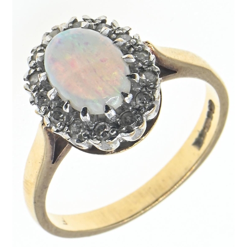 134 - 9ct gold, opal and diamond cluster ring, Birmingham hallmarks, size M1/2, 2.85 grams