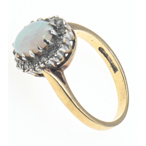 134 - 9ct gold, opal and diamond cluster ring, Birmingham hallmarks, size M1/2, 2.85 grams