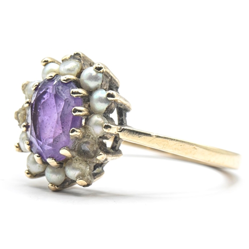 138 - 9ct gold, amethyst and seed pearl cluster ring, size M, gross weight 3.12 grams, two seed pearls def... 