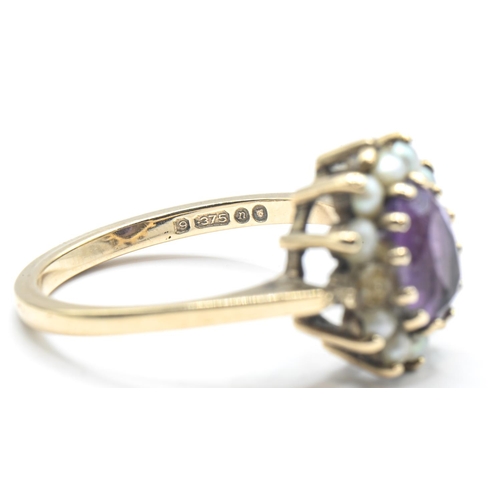 138 - 9ct gold, amethyst and seed pearl cluster ring, size M, gross weight 3.12 grams, two seed pearls def... 