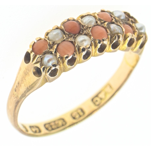 139 - 15ct gold, coral and seed pearl ring, hallmarked B&C, Birmingham 1924, size M, gross weight 2.13... 