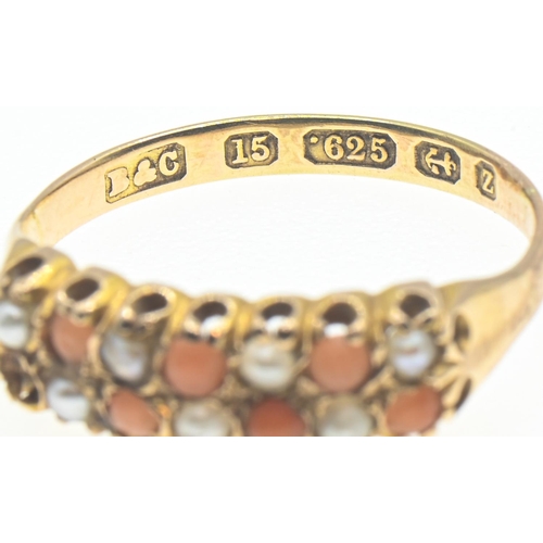 139 - 15ct gold, coral and seed pearl ring, hallmarked B&C, Birmingham 1924, size M, gross weight 2.13... 