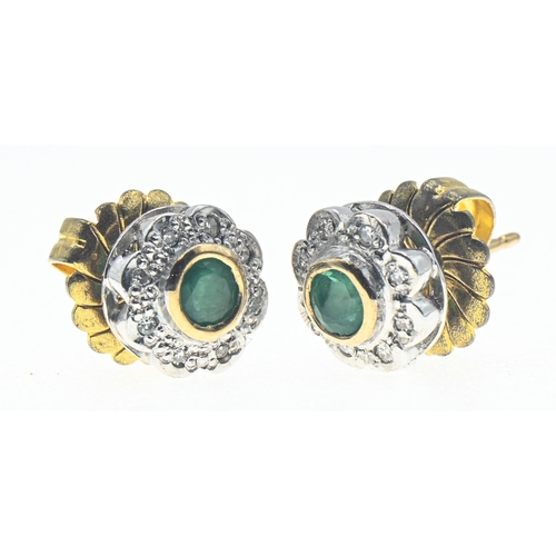 143 - Pair of 9ct gold, emerald and diamond cluster earrings, hallmarked to stalks, diameter 10mm, gross w... 