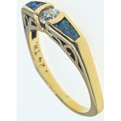 145 - 14ct gold, diamond and opal chip ring, the diamond stated to weigh 0.24 carat, stamped 585, size P, ... 