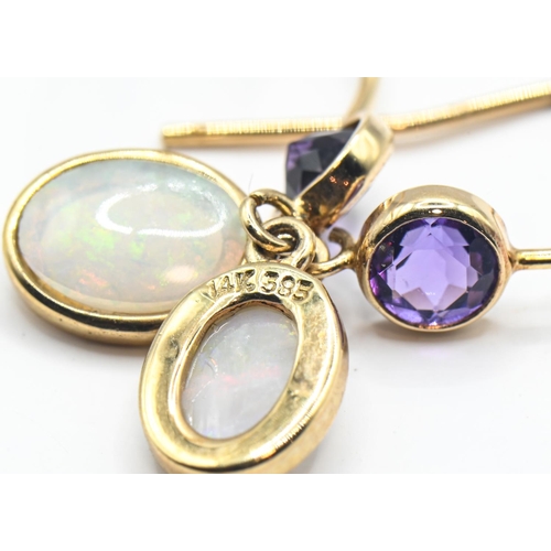 148 - Pair of 14ct gold, opal and amethyst earrings, stamped 14K, length 24mm, gross weight 1.26 gram... 