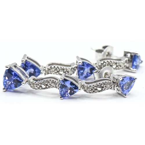 149 - Pair of 18ct white gold, tanzanite and diamond earrings, stalks and butterflies stamped 18K, length ... 