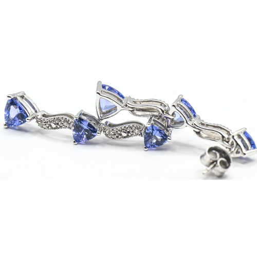 149 - Pair of 18ct white gold, tanzanite and diamond earrings, stalks and butterflies stamped 18K, length ... 