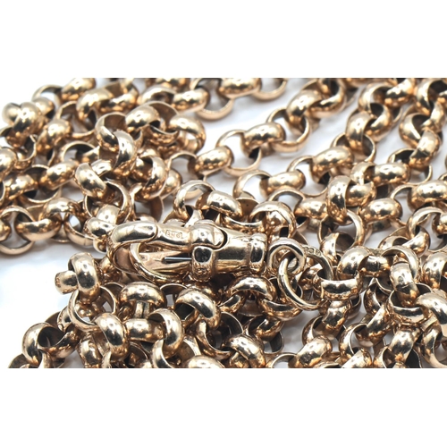 152 - 9ct rose gold long belcher chain, with parrot clasp to one end stamped 9Kt, jump rings to each end h... 