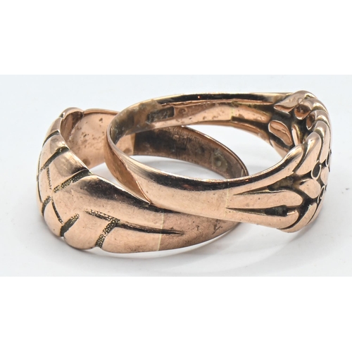 159 - Two 9ct rose gold rings with plait patterned fronts. Size O and N/O. Gross weight 7.07 grams.