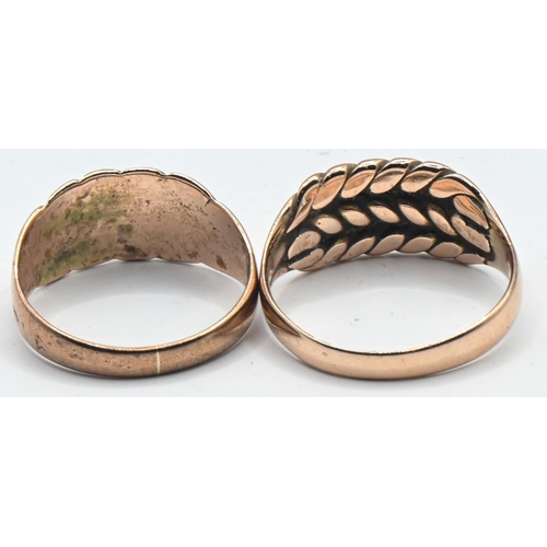 159 - Two 9ct rose gold rings with plait patterned fronts. Size O and N/O. Gross weight 7.07 grams.