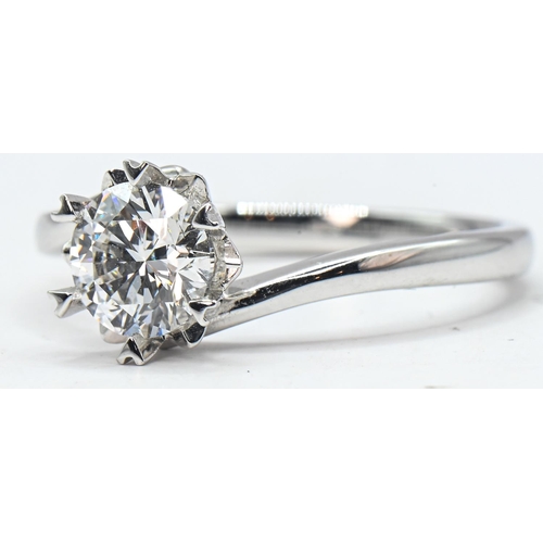 172 - 18ct white gold and synthetic moissanite solitaire ring, shank marked Au750 D1.00ct, size O, gross w... 