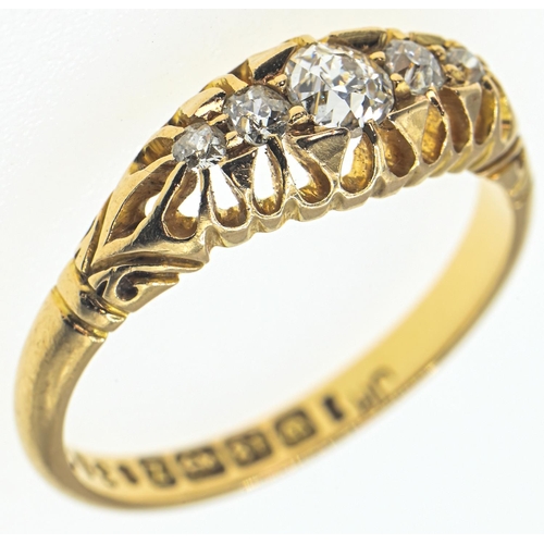 173 - Late Victorian 18ct gold and five stone diamond ring, hallmarked Birmingham 1899, size N, gross... 