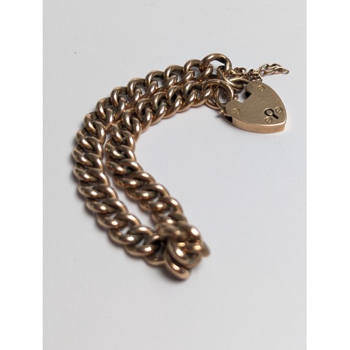 190 - 9ct rose gold curb link bracelet with heart-shaped padlock clasp, padlock hallmarked, with safety ch... 