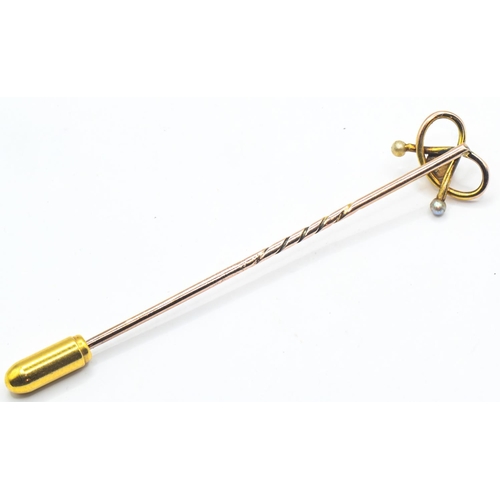 201 - Yellow metal, turquoise and seed pearl stick pin, tests positive for 9ct gold, gross weight 1.28 gra... 