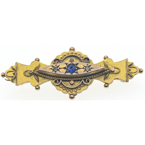 203 - Edwardian 9ct gold, sapphire and diamond mourning brooch, hallmarked Birmingham 1905, length 43mm, g... 