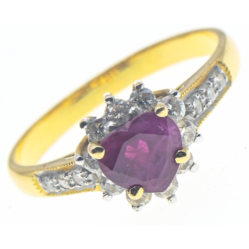 221 - 9ct gold, heart-shaped ruby and diamond cluster ring, stamped 9CT, size M1/2, gross weight 3 grams... 