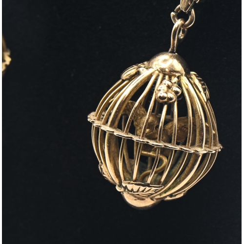 232 - Pair of 18ct gold bird in cage design pendant earrings, stamped 18K, length 44mm, one with replaceme... 