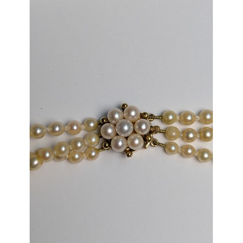 234 - Triple strand pearl necklace with 9ct gold clasp, clasp tongue stamped 375, inner length 420mm... 