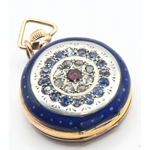 35 - Ladies 18ct gold, enamel, diamond, sapphire and red stone fob watch, the white enamel dial with Roma... 