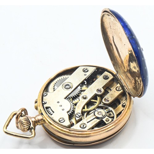 35 - Ladies 18ct gold, enamel, diamond, sapphire and red stone fob watch, the white enamel dial with Roma... 