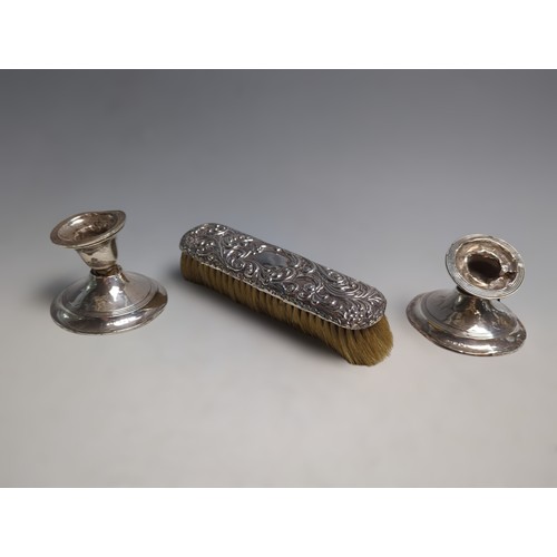 341 - Five silver topped cut glass vanity pots, a silver mounted clothes brush and a pair of scrap candles... 